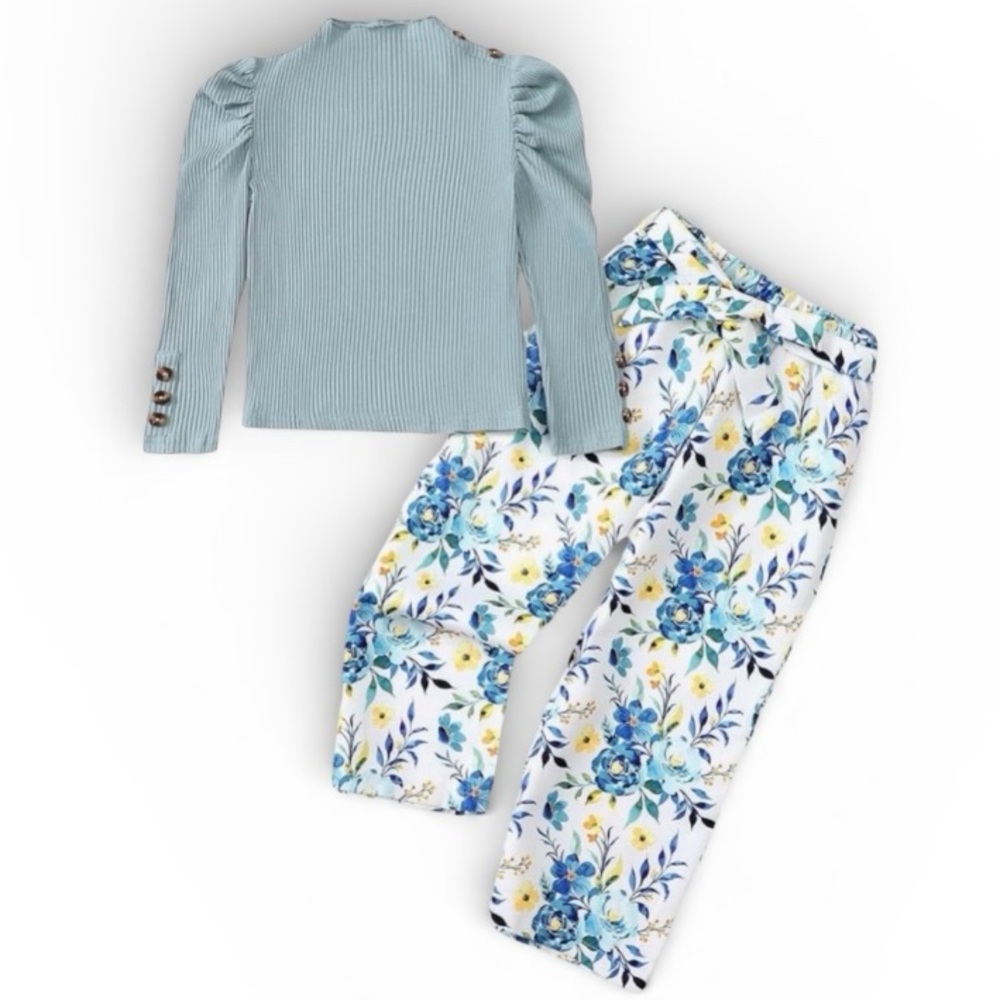 Girls Saeaby 2 Piece Outfit Ribbed Top Floral Pants Size 5/6